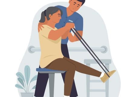 A cartoon image of a doctor conducting physical therapy with a patient.