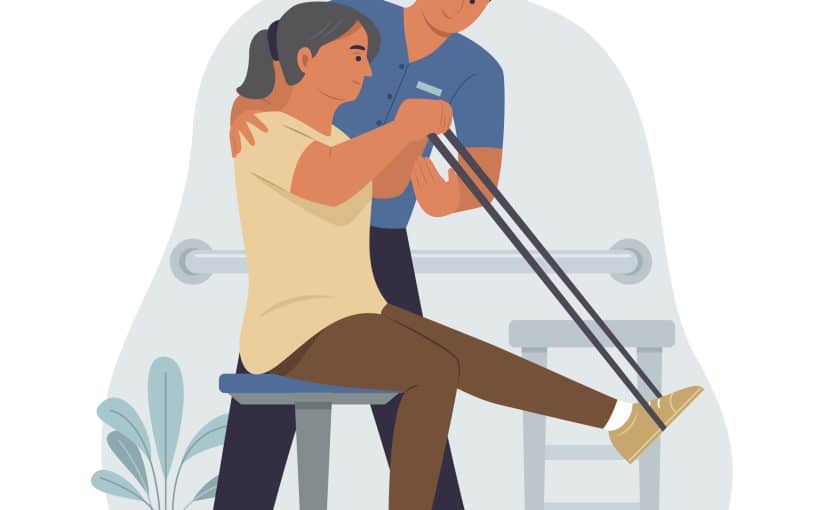 A cartoon image of a doctor conducting physical therapy with a patient.